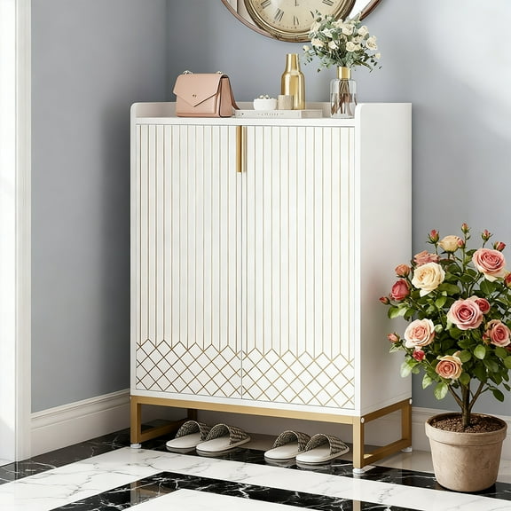 5-Tier Space-Saving Shoe Storage Cabinet With Doors, Gold & White Wooden, Holds 25 Pairs, For Entryway, Hallway, Living Room