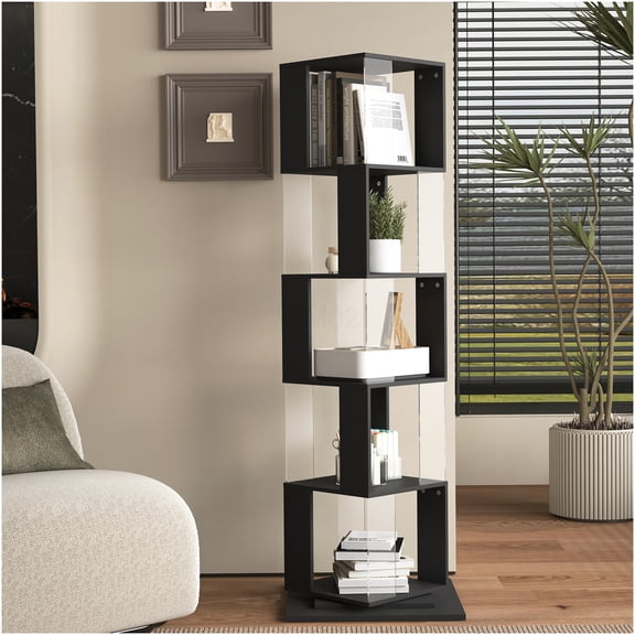 5 Tier Spinning Bookshelf Floor Rack, Rotating Bookcase with Acrylic Shelves for Living Room, Black Particle Board Storage Organizer