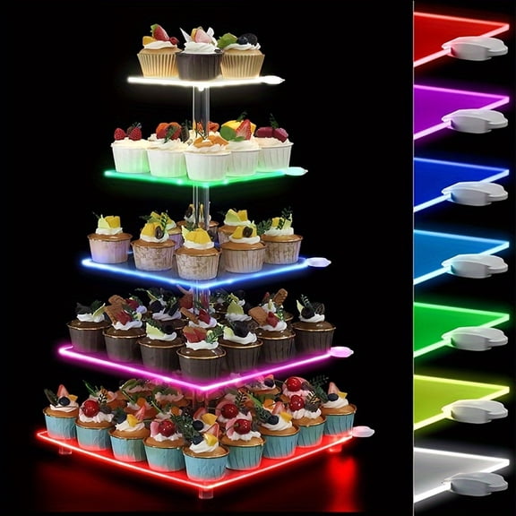 5-Tier Square Acrylic Cupcake Display Stand with LED String Lights, Stable & Easy to Assemble, Perfect for Dessert Display at Weddings, Birthdays, Tea Parties & Baby Showers
