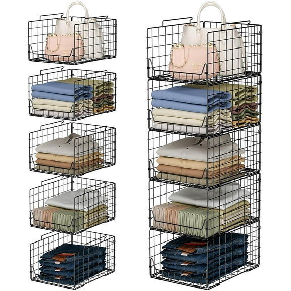 5-Tier Stackable Closet Organizer Shelf  Foldable Metal Storage Bins for Clothes, Sweaters & Towels | Stylish Black Wire Baskets for Bedroom, Wardrobe, Dorm or Entryway