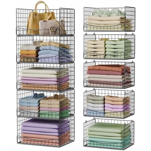 5-Tier Stackable Closet Organizers and Storage Shelves,Extend Clothing Closet Shelf Bins for Jeans Pants Sweaters - Wardrobe Cupboard Clothes Organizer System-Wider Mouth Design