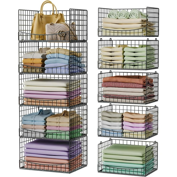 5-Tier Stackable Closet Organizers and Storage Shelves,Extend Clothing Closet Shelf Bins for Jeans Pants Sweaters - Wardrobe Cupboard Clothes Organizer System-Wider Mouth Design