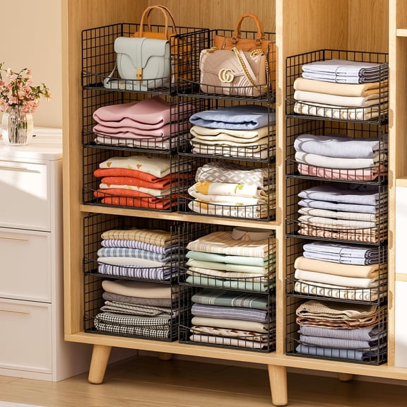 5-Tier Stackable Closet Organizers and Storage Shelves, Extend Clothing Closet Shelf Bins for Wardrobe Kitchen Office Bathroom, Clothes Organizer System-Wider Mouth Design, Black