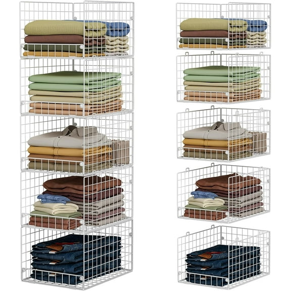 5-Tier Stackable Closet Storage Shelves, Closet Organizers and Storage Basket, Foldable & Stackable Clothes Organizer for Closet Organizer System,Space-Saving Closet Storage Shelf for Home ,White
