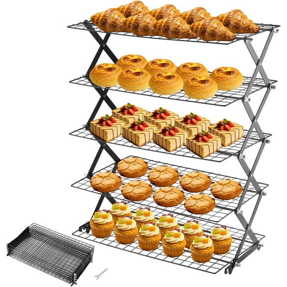 5-Tier Stackable Cooling Rack for Baking, Collapsible Wire Cookie Rack with Adjustable Heights, Non-Stick Roasting & Drying Rack for Cupcakes, Pies and Pastries, Space-Saving Kitchen Essential