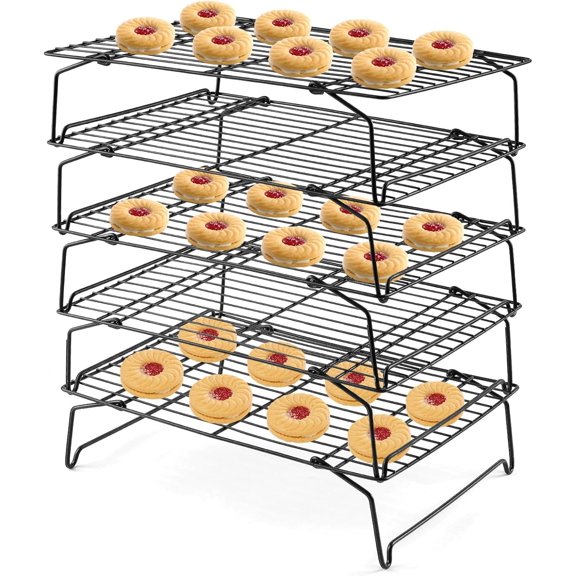 5-Tier Stackable Cooling Rack, Stainless Steel Baking Cooking Racks for Cooling Roasting Grilling, Oven Safe & Easy Clean, Collapsible & Heavy Duty,15" x 10", Black