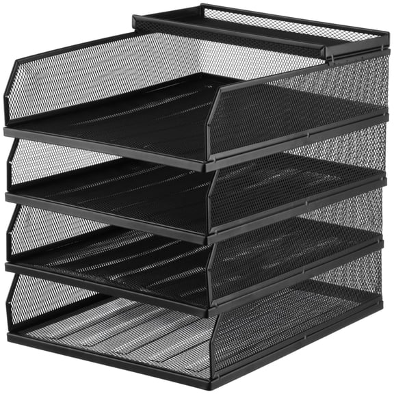 5-Tier Stackable Metal Mesh Desktop Organizer with Sliding Trays & Top Storage Box, Vertical A4 Paper File Holder, Size 9.8 x 12.6 x 11.8 in / 25 x 32 x 30 cm, Black