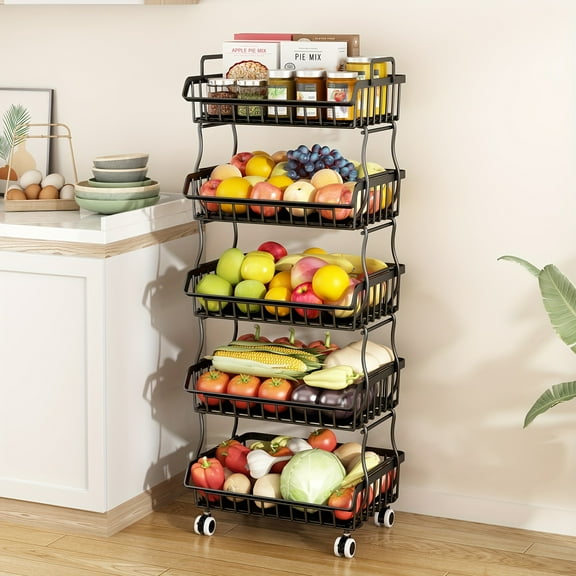 5-Tier Stackable Metal Wire Fruit & Vegetable Storage Basket Organizer with Wheels - Rectangular Kitchen Pantry Organizer for Fruits, Vegetables, Utensils & Spices, Can Organizer for Kitchen Pantry
