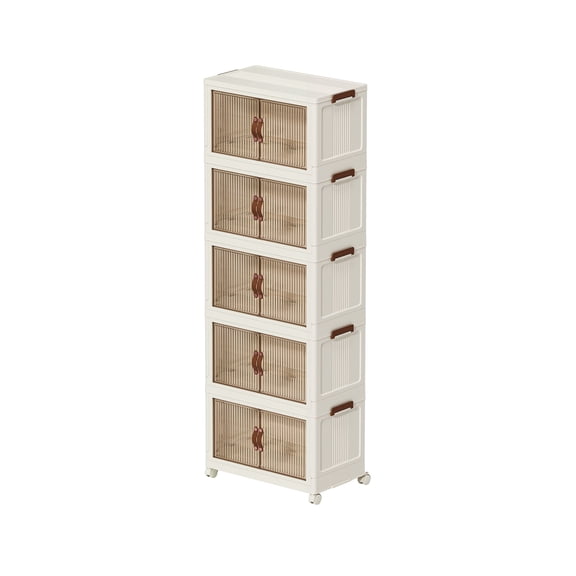 5-Tier Stackable Storage Bin with Door and Wheels, 131QT/32Gal, Heavy-Duty Foldable Plastic Organizer for Garage, Home, Office White