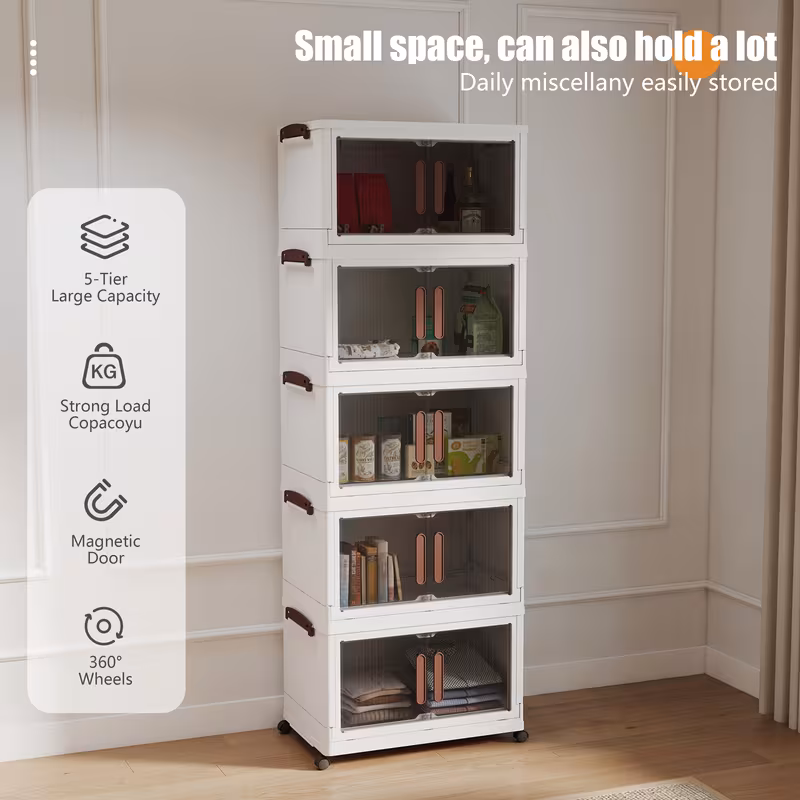 5 Tier Stackable Storage Box with Lid and Wheels, Foldable Collapsible Organizer, Clothing Storage Cabinet for Home Office, Living Room