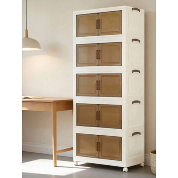 5-Tier Stackable Storage Cabinet with Doors, Retro Wood-Grain Plastic Organizer on Wheels, Narrow Vertical Cupboard for Kitchen, Bathroom, Living Room, Freestanding Mobile Shelving Unit,White,70001