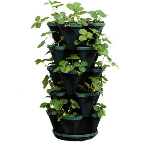 5-Tier Stackable Strawberry, Herb, Flower, & Vegetable Planter - Vertical Gardening Indoor / Outdoor Stacking Garden Pots Hunter Green, 22.5 Quarts