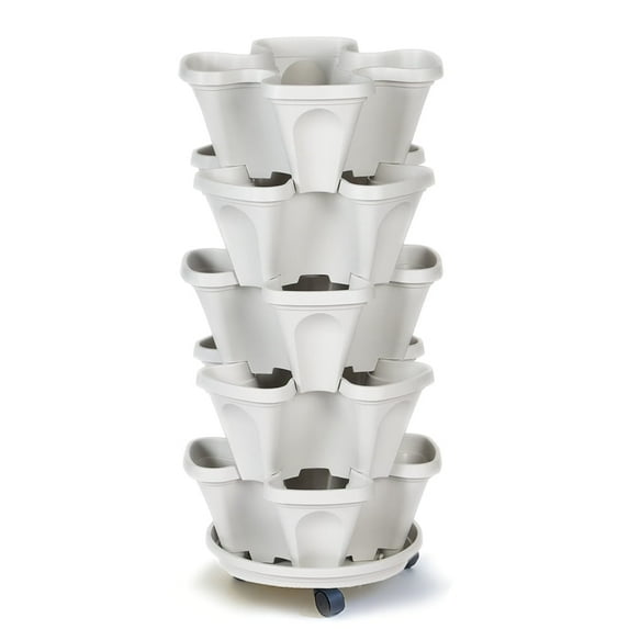 5-Tier Stackable Strawberry, Herb, Flower, and Vegetable Planter Set - 5 Pots + 1 Drainage Tray + 5 Wheels (Beige)
