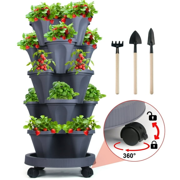 5 Tier Stackable Strawberry, Herb, Flower, and Vegetable Planter - Vertical Garden Indoor/Outdoor, Dark Gray