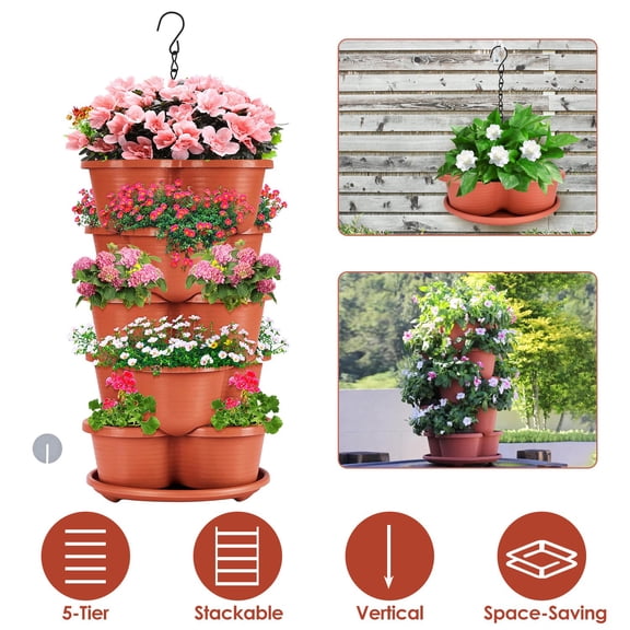 5-Tier Stackable Strawberry Planter TeqHome Vertical Garden Planter with Drainage Hole Herb Planter for Strawberry Plants Lettuce Greens Flowers
