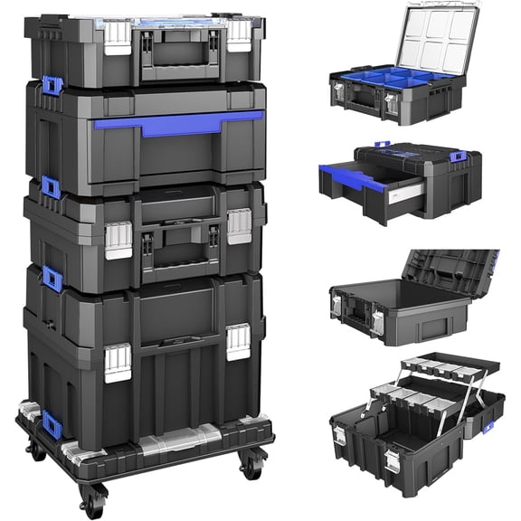 5-Tier Stackable Tool Box with Wheels and Drawers, Rolling Modular Tool Organizer with Transparent Parts Box, Large Capacity Portable Toolbox for Garage Storage Home and Repair Shop