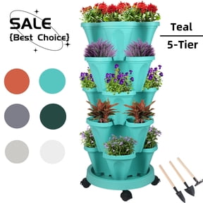 5 Tier Stackable Vertical Garden Planters Strawberry, Herb, Flower, Vegetable Planter Indoor Outdoor Pots with Wheels and Tools - Teal