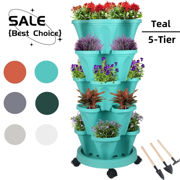 5 Tier Stackable Vertical Garden Planters Strawberry, Herb, Flower, Vegetable Planter Indoor Outdoor Pots with Wheels and Tools - Teal