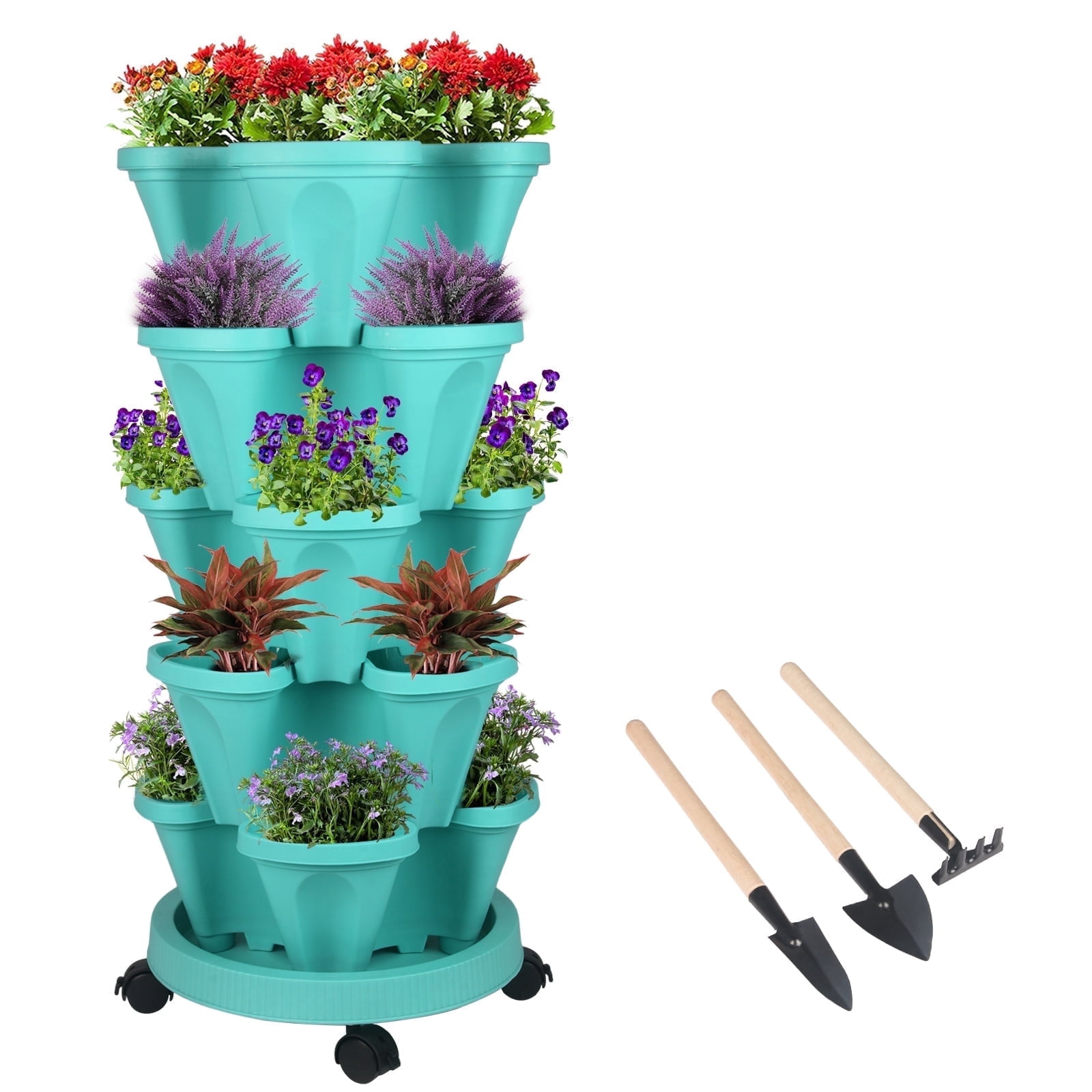 5 Tier Stackable Garden Planters with Wheels & Tools - Indoor/Outdoor ...
