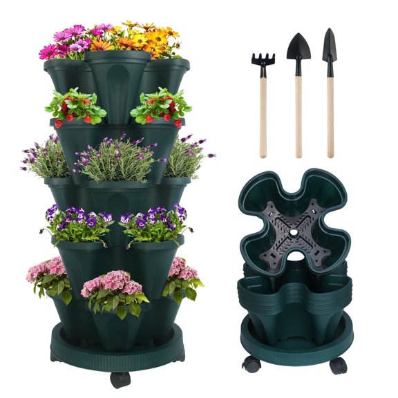 5 Tier Stackable Vertical Planter with Rolling Plant for Growing Strawberries, Herbs, Vegetables, Flowers, Indoor/Outdoor Porch Decor