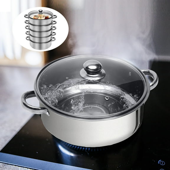 5-Tier Stainless Steel Cooker Steam Pot, Easy to Clean, Multi-functional Steamer with Glass Lid for Kitchen