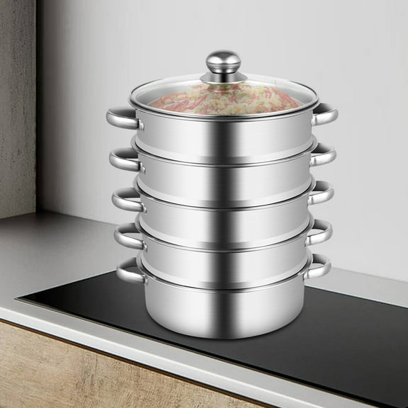 5 Tier Stainless Steel Steamer, 10in (26cm) D Food Steamer Vegetable Steamer Pot Cookware with Glass Lid for Home Kitchen