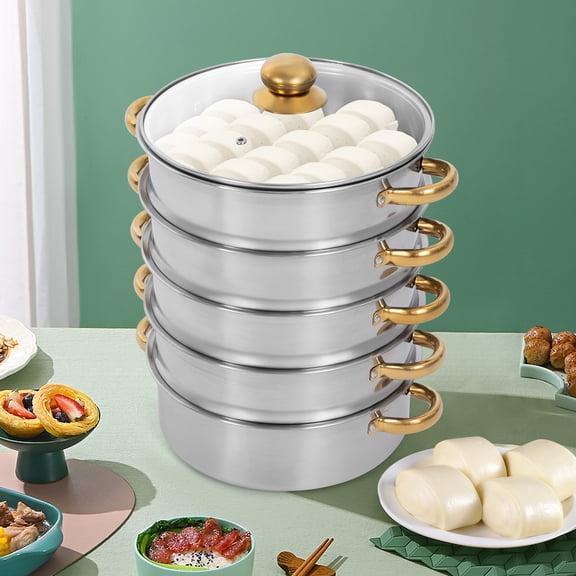 5-Tier Stainless Steel Steamer Cooking Pot with 9L Capacity and Baskets for Family Kitchens, Restaurants