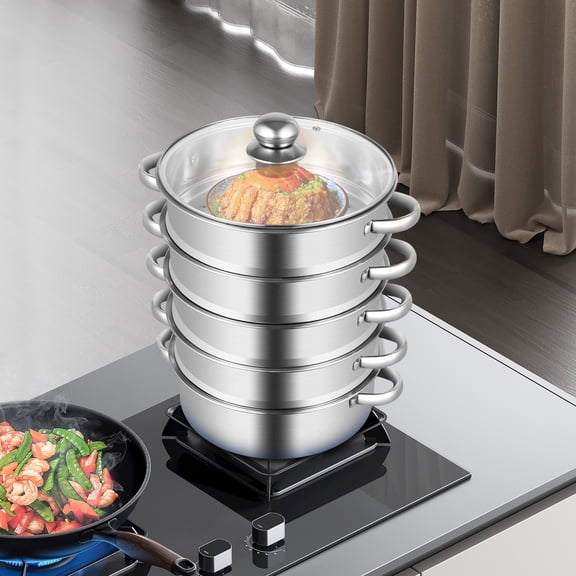 5-Tier Stainless Steel Steamer Meat Vegetable Cooking Steam Pot Kitchen Tool with Stackable Pan and Lid for Steaming Pasta Dumplings and Vegetables