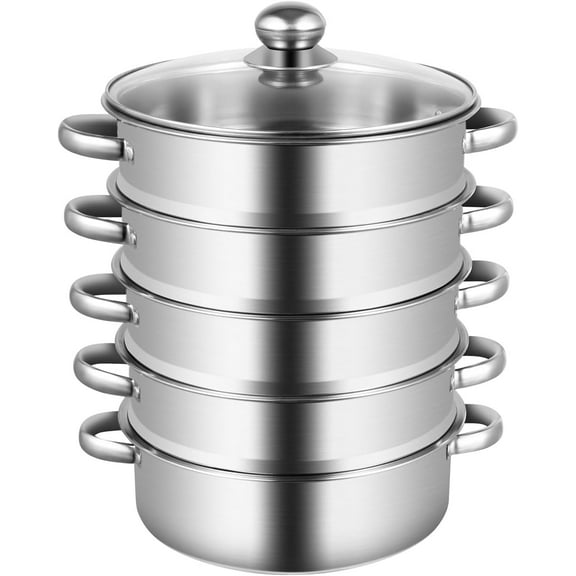 5 Tier Stainless Steel Steamer Multi Tier Pot Food Steamer with Stackable Pan and Lid (Silver, 26cm)