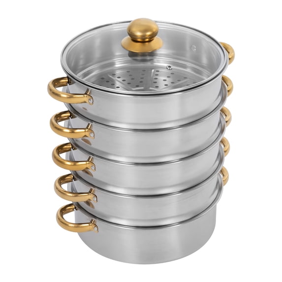 5-Tier Stainless Steel Steamer Pot, 1.32Gal Large Capacity Cooking Pot with Clear Lid Anti-scald Handle, for Gas Induction Cooker Kitchen