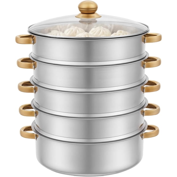 5-Tier Stainless Steel Steamer, Stackable Cookware for Electric Stoves Gas | Multi-Functions Large Capacity Steamer Cooker Cookware, Meat Vegetable Cooking Steam Pot with Lid for Family Food Steamers