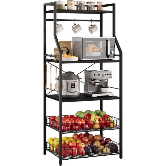 5-Tier Standing Bakers Rack,Microwave Stand with 2 Large Wire Basket & 8 Hooks,Industrial Coffee Bar Storage Shelves for Kitchen,Black