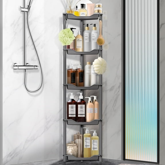 5 Tier Standing Shower Caddy for Bathroom Organizer: Rustproof Corner Shower Shelves Storage with Large Capacity - Shower Organizer Rack for Bathroom Essentials, Gray