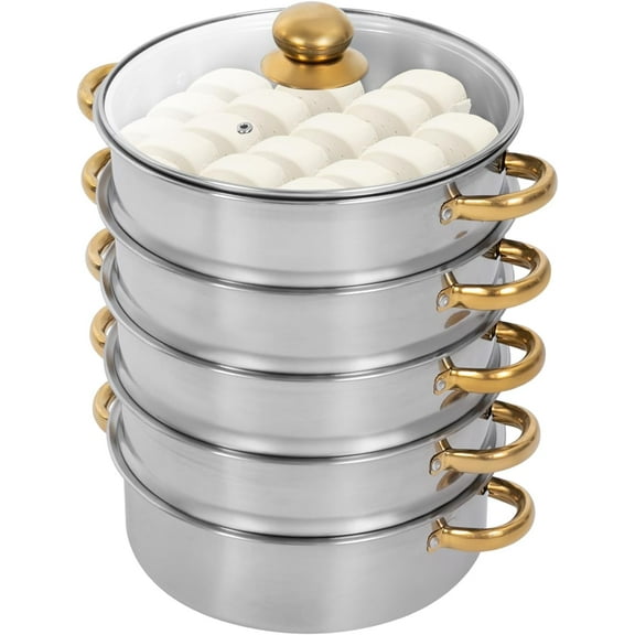 5-Tier Steamer Pot for Cooking, D10.2in Stainless Steel Steamer Cookware with Strainer Basket Handles & Glass Lid, Food Steamer for Dumpling Vegetable Seafood, W10.2*H16.5in