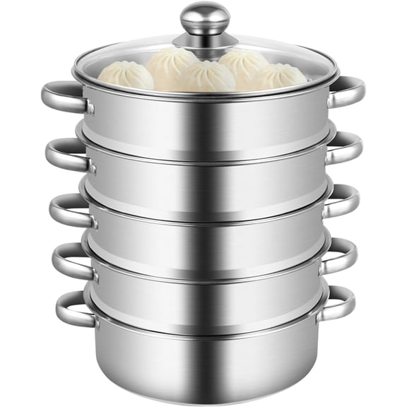 5-Tier Steamer Pot for Cooking, Stainless Steel Steamer Pot with Clear Lid, Stackable Steaming Pots Steam Cooker Cookware for Dumpling Seafood, Compatible with Gas/induction Stove (10.23in Diameter)
