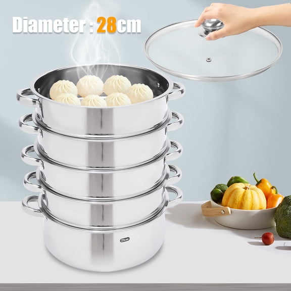 5-Tier Steamer Pot, Stainless Steel Steamer Pot 28cm, Stackable Steamer with Lid and Cooking Pot, Healthy Steam Cooking for Vegetables, Rice