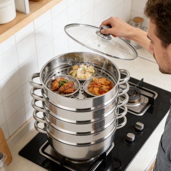 5-Tier Steamer Pot Stainless Steel Steamer with Glass Lid and Anti-Scalding Handles Polishing Steam Cookware Pot (Round)