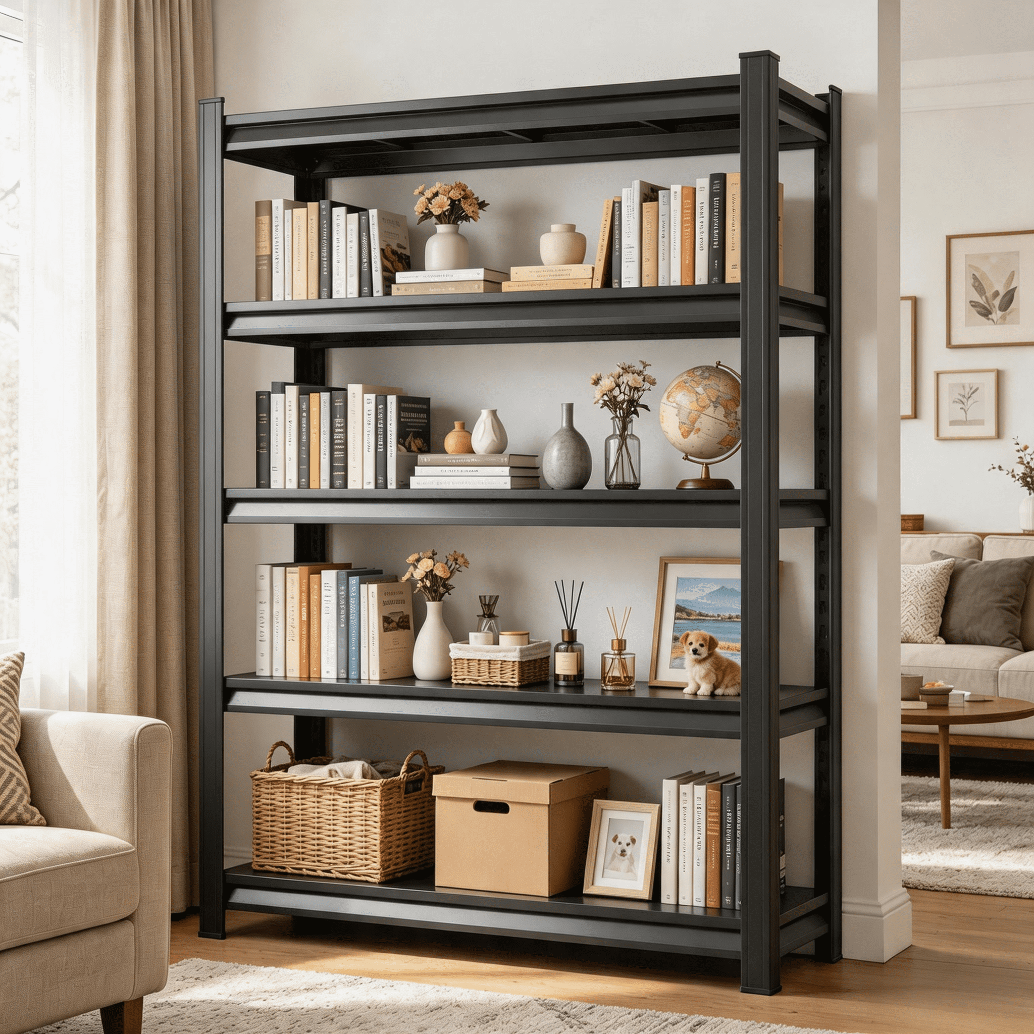 5-Tier Steel Shelving Unit Black,Adjustable Metal Bookshelf,63
