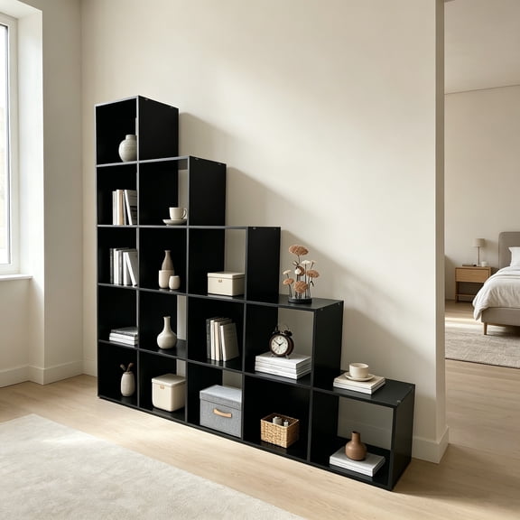 5-Tier Stepped Bookshelf, Freestanding 15 Cubes Ladder Bookcase, L Shaped Ladder Corner Open Bookshelf for Home & Office (Black)