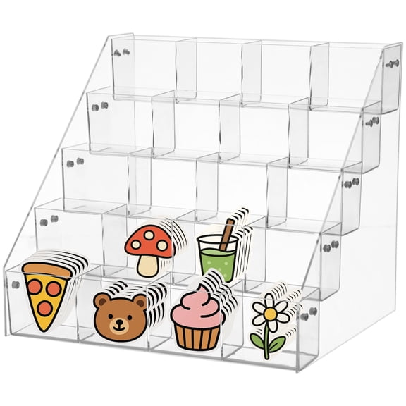 5-Tier Sticker Acrylic Display Stand, Clear Sticker Holder with 20 Pockets, 4" Large Sticker Holder Organizer, Storage Container for Trading Cards, Pins, Business Cards, Vendor Display Rack