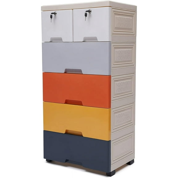 5 Tier Storage Cabinet Plastic Storage Cabinet with 6 Drawers Lockable Vertical Clothes Storage Cabinet with Wheels Home Offince Storage Cabinet for Bedroom (Morandi,13.8"D x 19.7"W x 40.2"H)