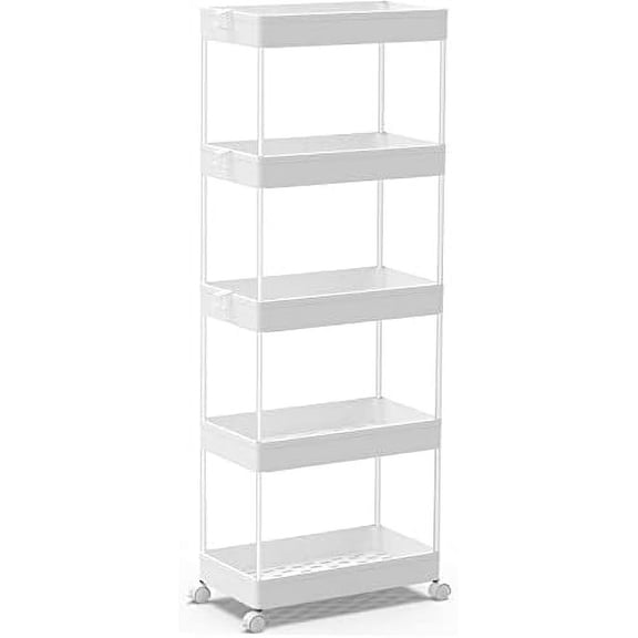 5-Tier Storage Cart Organizer Rolling Utility Cart, Mobile Shelving Unit Slide Out Storage Shelves for Kitchen Living Room Bathroom Laundry Room & Dressers, White