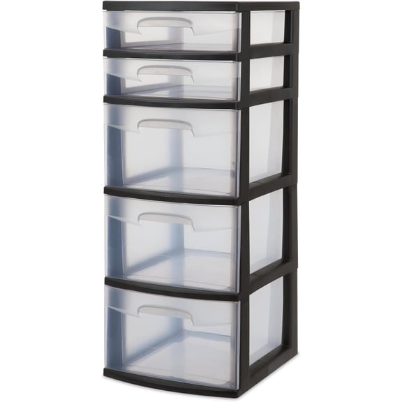 5-Tier Storage Drawer,with Both Shallow and Deep Clear Plastic Storage Organizer Drawer TowerSuitable for Bedroom,Bathroom and Office Organization Black