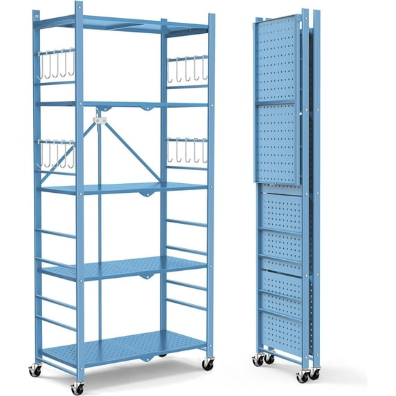 5-Tier Storage Folding Shelf with 20 Hooks, 4 Wheels, and Adjustable Feet, Stainless Steel
