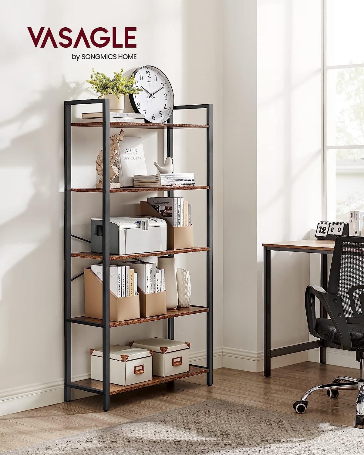 VASAGLE 5-Tier Black and Rustic Brown Industrial Bookshelf