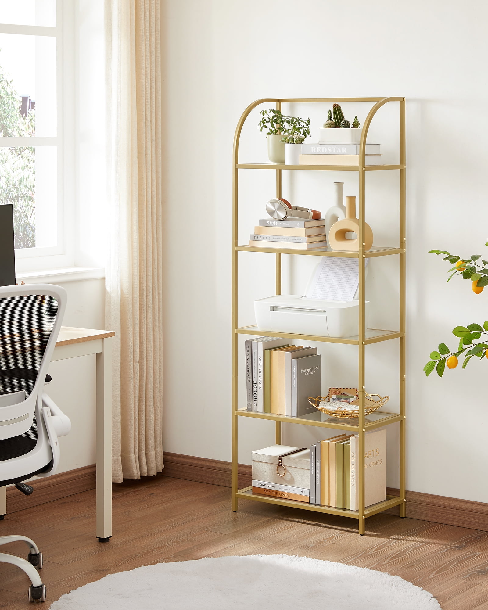 VASAGLE 5-Tier Metal Bookshelf, Gold Bookshelves with Steel Frame ...