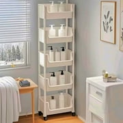 5-Tier Rolling Storage Cart | White Plastic Mobile Organizer | Multi-Purpose Kitchen Bathroom Shelving | Easy Assembly Space-Saving Rack | 29x18.5x118cm