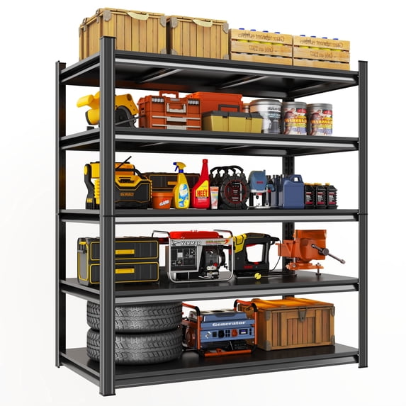 5-Tier Storage Shelves, Garage Metal Shelving Unit, Adjustable, Double-Layer Column with Reinforced Ribs, Heavy-Duty, Capable of Bearing 3000 lbs, Suitable for Garage, Warehouse, Kitchen Stora