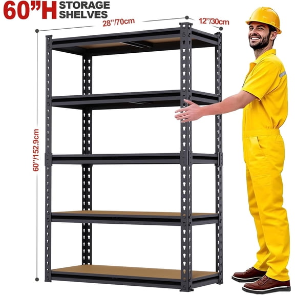 5-Tier Storage Shelves, Garage Shelving, Heavy Duty Adjustable Garage Shelves, Large Shelves for Tool Storage, Utility Rack (60''H)