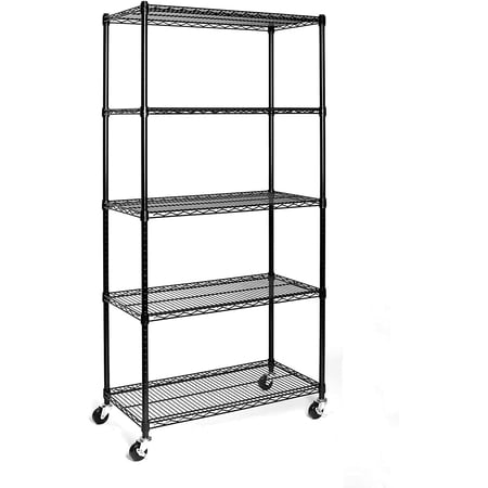 5 Tier Storage Shelves,Heavy Duty Wire Shelving Rack with Wheels, Adjustable Rolling Shelving Unit with NSF Certified , 800 Lbs Capacity, For Kitchen, Pantry, Garage,18"D X 35.5"W X 71"H,Black